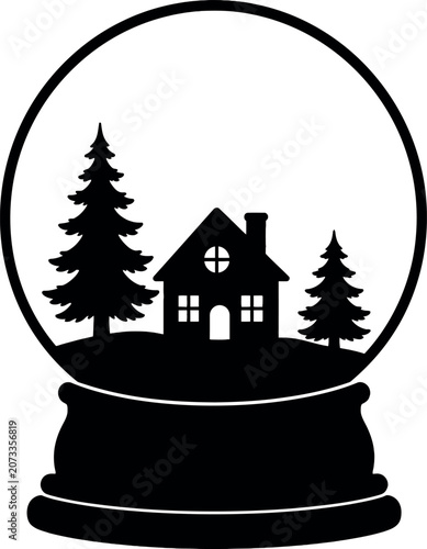 Black silhouette of a christmas snow globe featuring a house and pine trees
