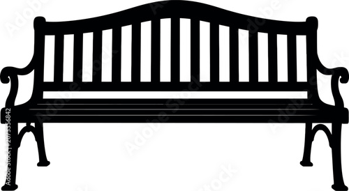 Black silhouette of a classic park bench with ornate metal legs and backrest