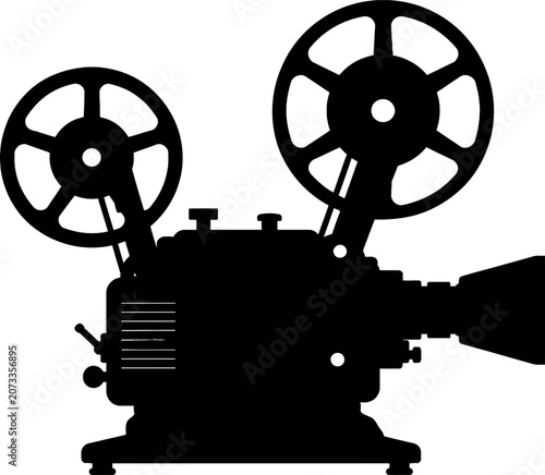 Black silhouette of a vintage projector with two large circular reels