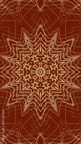 Vertical Suitable for textile designs, home decor, and packaging. Intricate golden brown mandala pattern with symmetrical geometric star shapes in radiant line art.