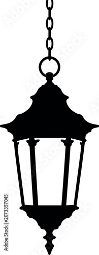 Black silhouette of a hanging outdoor lantern on a chain, white background