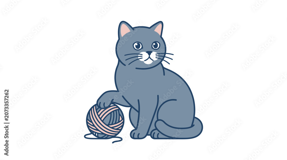 Fototapeta premium Cute Gray Cat Playing with a Ball of Yarn