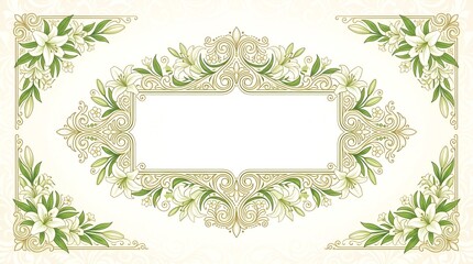 Elegant floral ornate frame with lilies and decorative swirls on cream background