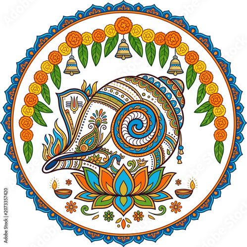 Intricate Indian Shankha conch shell with lotus and marigold garland vector illustration