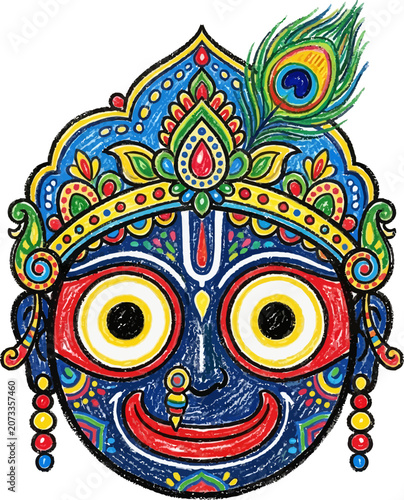 Jagannath deity face with ornate headdress and peacock feather in vibrant vector illustration style