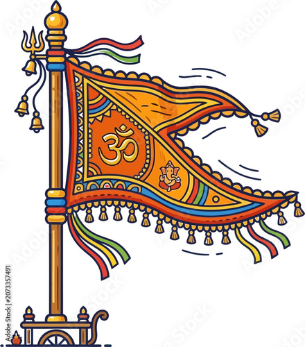 Traditional Indian flag with Om symbol and Ganesha illustration on pole with bells and streamers Vector