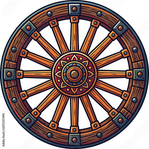 Rustic wooden wagon wheel with intricate spokes during daytime with a stylized pattern on a white background