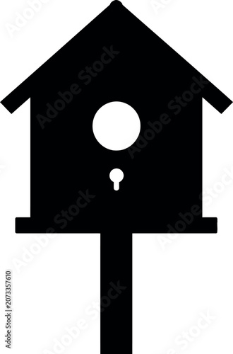 Black silhouette of a simple wooden birdhouse on a white background