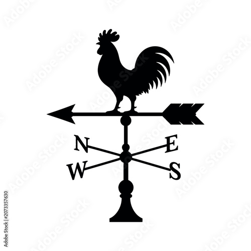 Black silhouette of a rooster weather vane with cardinal direction indicators
