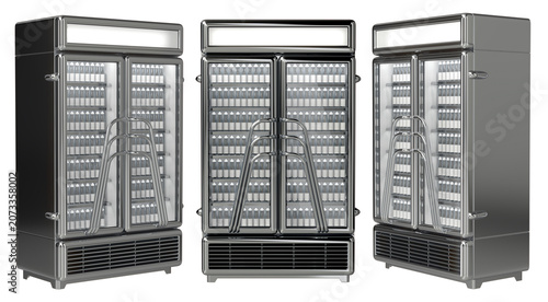Retail metal refrigerated display cabinets of small drinking bottles and blank labels, double glass door, and polished stainless steel frame. 3d illustration isolated on white
