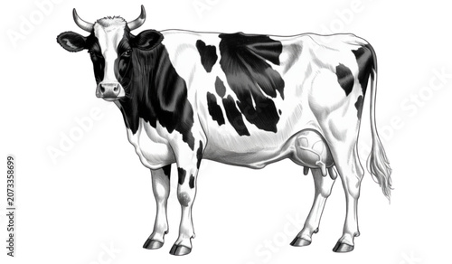 Fotografie Black and white dairy cow standing outdoors Vector