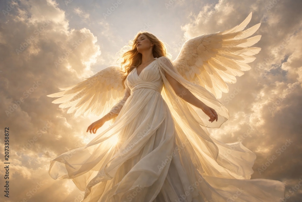 Obraz premium Ethereal angelic figure amidst clouds.