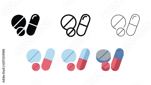 Colorful illustrations of various pills and capsules on white background for health concepts
