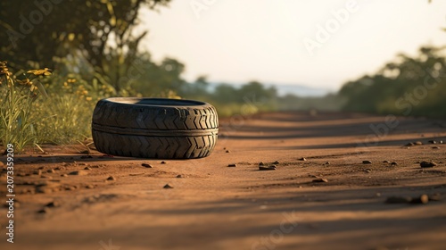 A photo of a tire on a dirt road.
