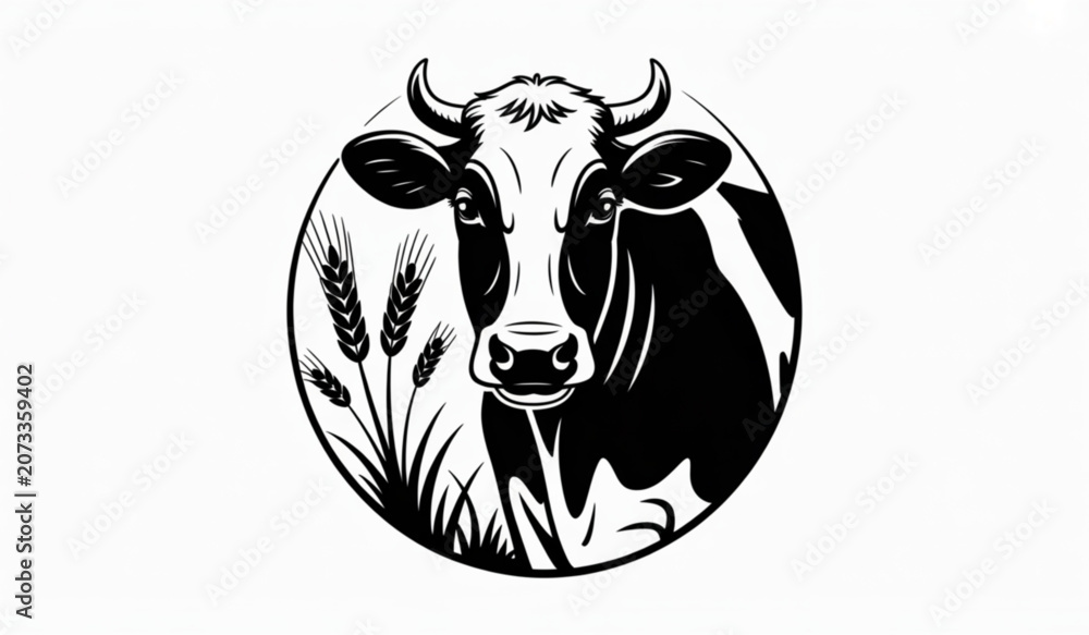 Fototapeta premium Black and white bull silhouette with horns facing forward Vector