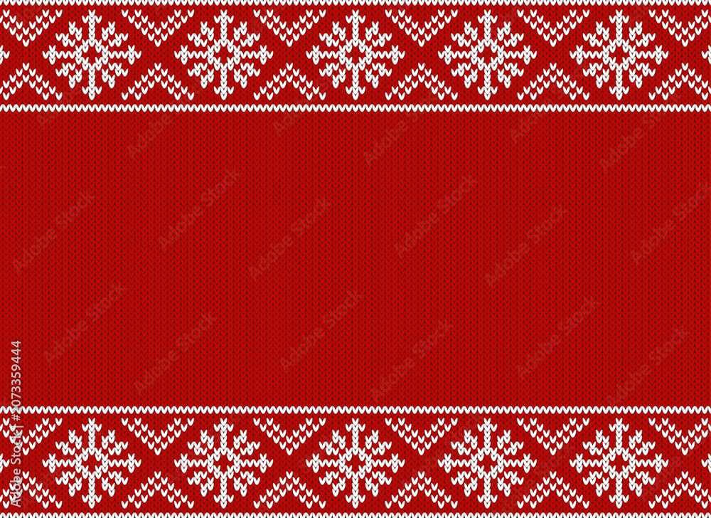 Fototapeta premium Christmas red ugly sweater knitted background with white ornament and copy space in the middle. Vector design.