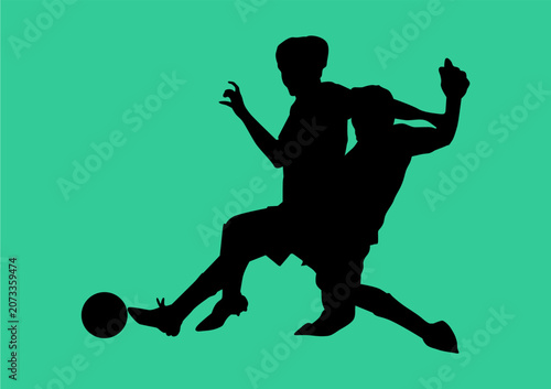 Obraz na płótnie Dynamic silhouette of two soccer players tackling and shielding the ball, isolated on a solid mint green background