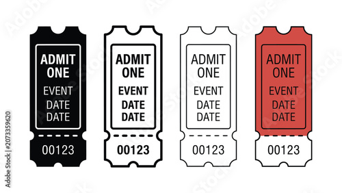Foto Four different colored event ticket stubs with admit one text on white backgroun