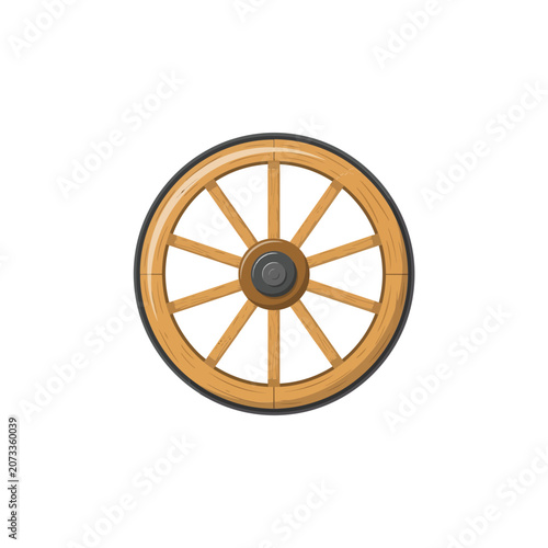 Fotografie Classic wooden wagon wheel with black rim and central hub isolated on white back
