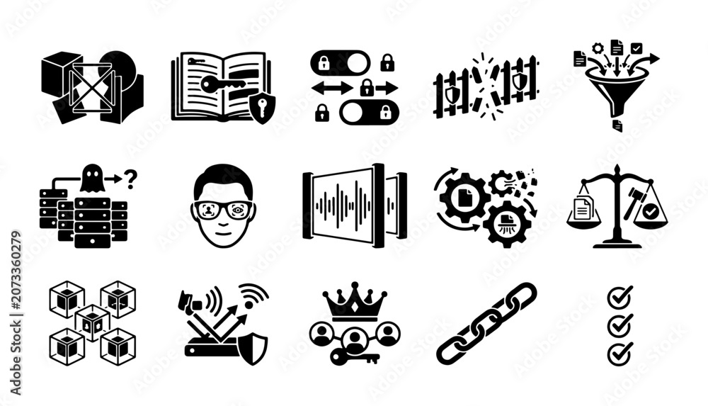 Fototapeta premium Cybersecurity and data protection icon set, 15 black solid vector symbols for network safety, information privacy and encryption technology