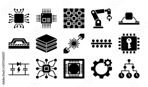 Fotografía Semiconductor manufacturing icons set, microchip and processor hardware symbols,