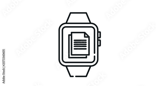 Smartwatch document and text file icon: wearable smart watch displaying paper sheet on screen, minimalist black line art vector illustration for mobile productivity.
