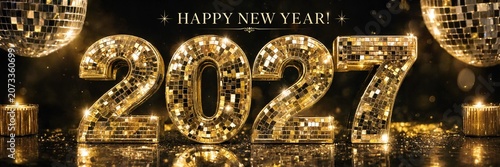 Luxury 2027 New Year Eve Background with Gold Disco Ball Numbers and Candles for Glamorous Party Invitation or Festive Celebration Greeting Card Design