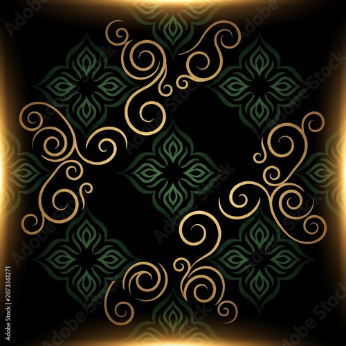 Luxury Islamic abstract composition, jet black background, gold arabesque swirls, emerald accents, cinematic glow, Muharram night theme.