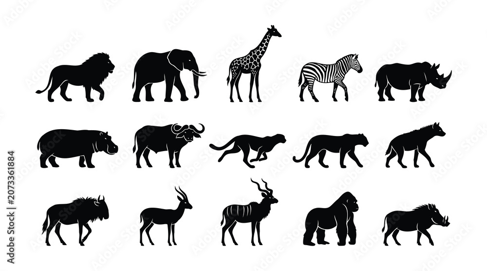 Fototapeta premium Collection of african wildlife silhouettes including lion elephant giraffe zebra rhino and more silhouette
