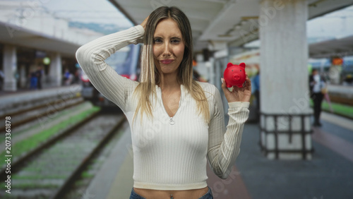 Fotografía Woman holding red piggybank with hand to head on train station platform, blonde young hispanic in white sweater showing puzzled expression; financial uncertainty frustration