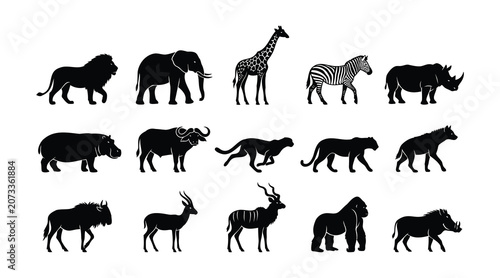 Photography Collection of african wildlife silhouettes including lion elephant giraffe zebra