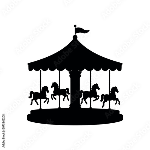 Black silhouette of a carousel with horses on a white background