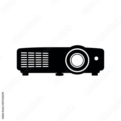 Black silhouette of a digital multimedia projector on white background