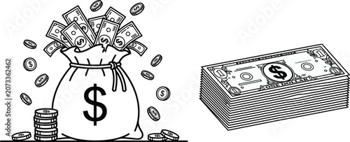 Tableau sur toile Black and white illustration of money bag with dollars and coins
