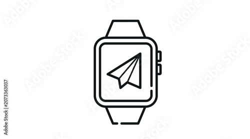 Smartwatch with paper plane icon: wearable smart watch displaying flying paper airplane on screen, minimalist black line art vector illustration for message sending.