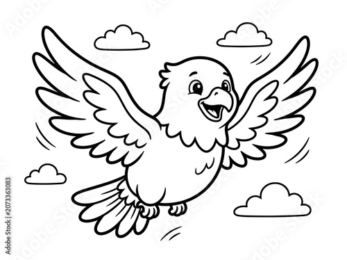 Smiling cartoon bird flying in the air with clouds around it freely