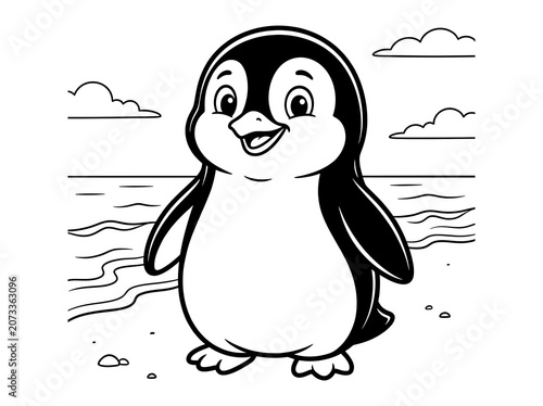 Cute little penguin standing on beach with clouds and water  smiling