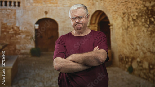 Tableau sur toile Man senior with arms crossed and glasses frowning in front of an old stone building courtyard, wearing maroon shirt and visible wrinkles on forearms; disapproval