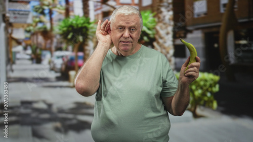 Tablou pe pânză Man cupping ear while holding banana with right hand on a sunny street lined with palm trees and shops; absurdity confusion
