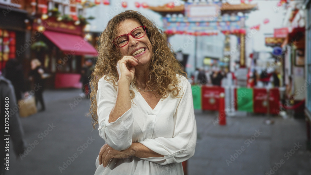 Fototapeta premium Woman with hand on chin, red glasses and white blouse standing in a busy street market; thoughtful reflection.