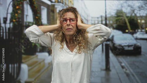 Obraz na plátně Woman covering ears with hands, wearing red glasses and white blouse on a wet residential street with parked car and steps; overwhelm anxiety