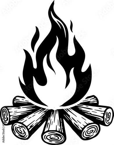 Black and white illustration of a campfire with flames burning on top of logs