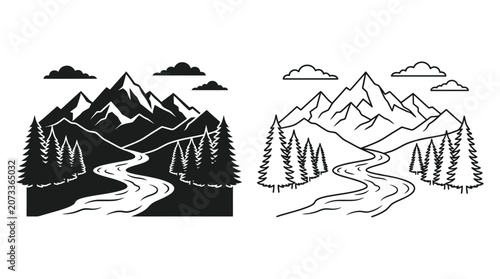 Schilderij op canvas Mountain landscape with river and pine trees black and white vector illustration