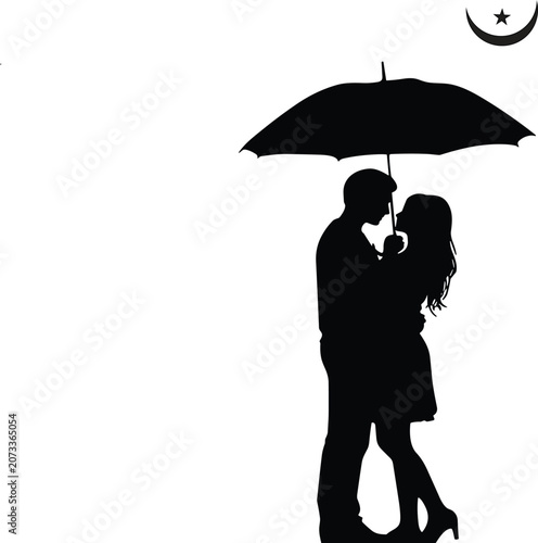 Silhouette of a romantic couple kissing under an umbrella at night