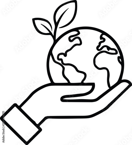A hand cradling the earth with a small plant sprouting from it symbolizing environmental care and sustainability