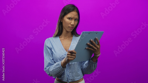 Fotografie Thai woman holding clipboard and pen in blue blouse gives thumbs down while frowning in studio; disapproval judgment
