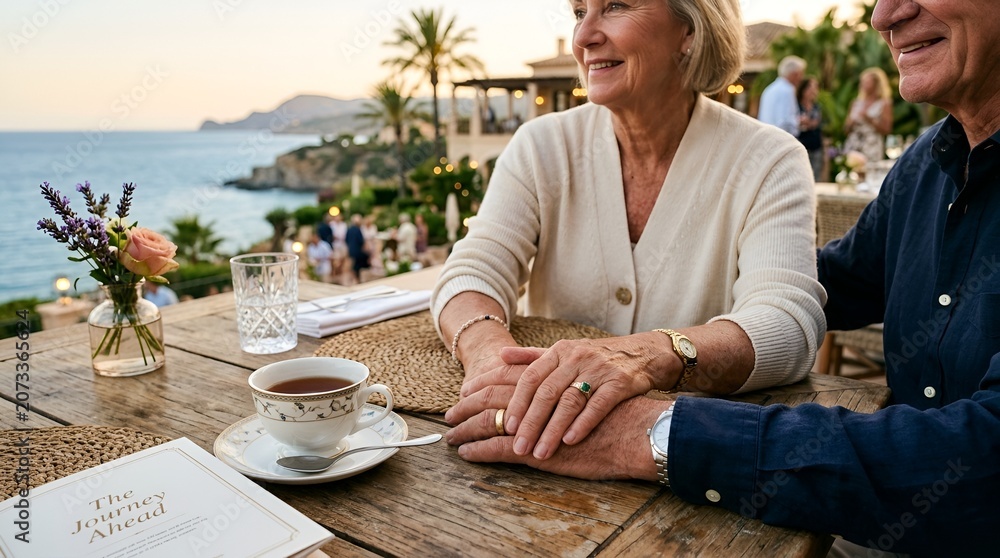 Fototapeta premium Elderly Couple Enjoying Romantic Dinner Overlooking Ocean at Sunset