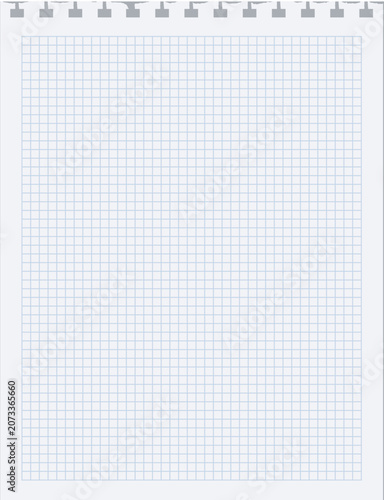 Squared notebook paper page with spiral binding and blue grid pattern isolated.