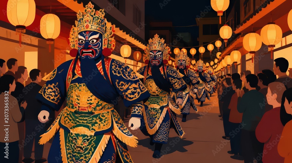 Fototapeta premium Vibrant Beijing Opera Performance in a LanternLit Street Festival Parade, Captivating Crowds with Traditional Costumes and Masks