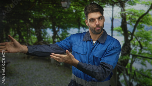 Bilde på lerret Man worker in blue overalls gesturing with hand toward park path, beard visible as he points and presents direction; calm guidance